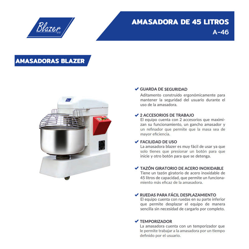 Amasadora Con Cuchilla Refinadora Blazer A-46 45 Litros 220v