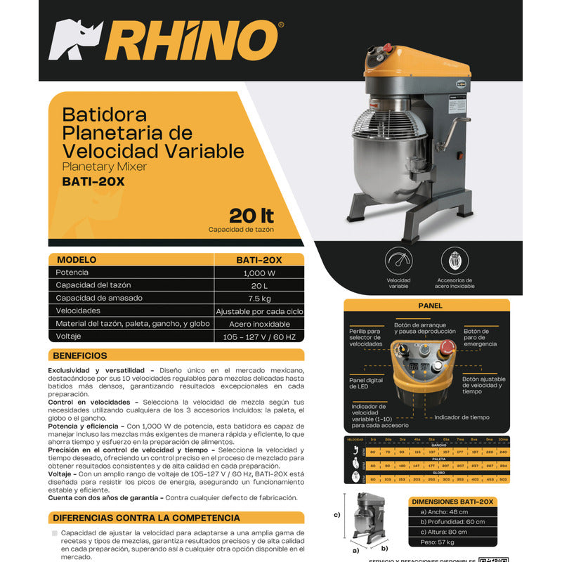 Batidora Planetaria Industrial Rhino Bati-20x Amasado 7.5kg Amarillo 60 Hz