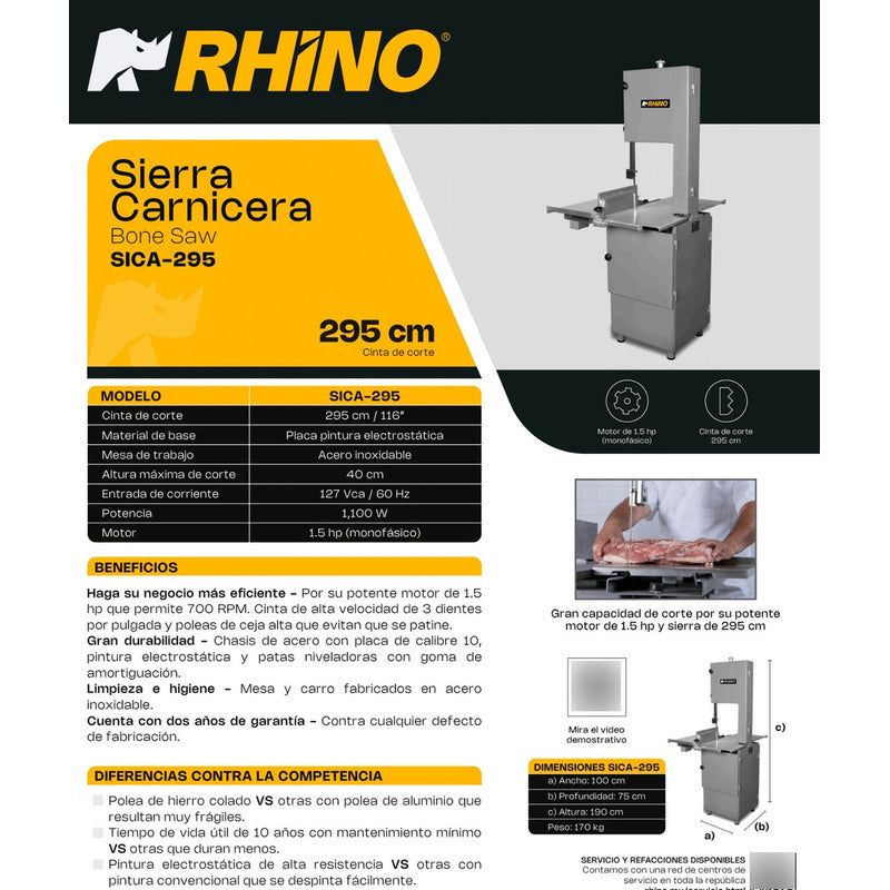 Sierra Carnicera Rhino Sica-295 Cm Mesa Y Carro En A. Inox