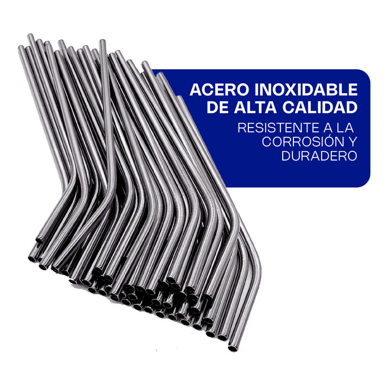 Set 20 Popotes Curvos Acero Inoxidable Ecológicos 26 Cm/6mm Plateado