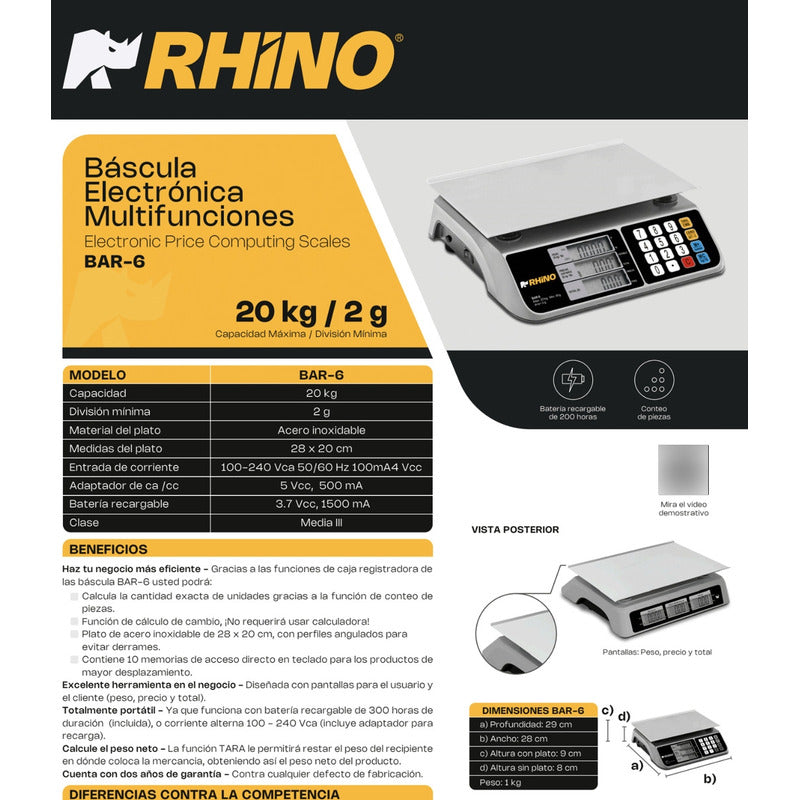 Bascula Electronica 20 Kg Con Puerto Usb Rhino + Cable Usb Gris