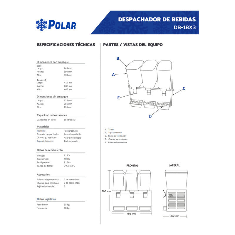 Despachador Bebidas Polar Db-18x3 Acero Inox 3 Tazones 18 L Blanco
