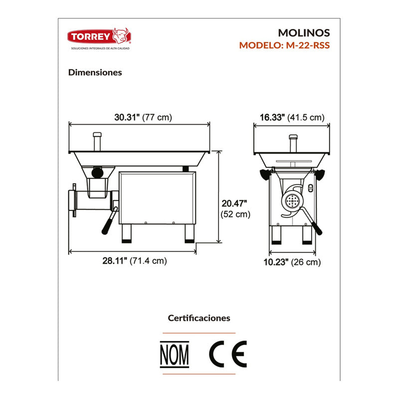 Molino Torrey Eléctrico Acero Inox. M-22-rss-2 Hp Reyfri
