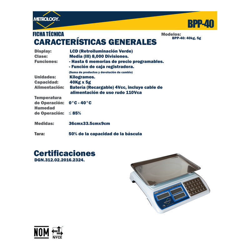 Báscula Comercial Digital Metrology Bpp-40 Kg Blanca Reyfri Blanco