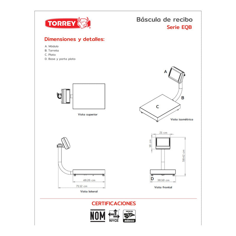 Báscula Comercial Digital Torrey Eqb 100kg 48 cm X 38 cm Gris
