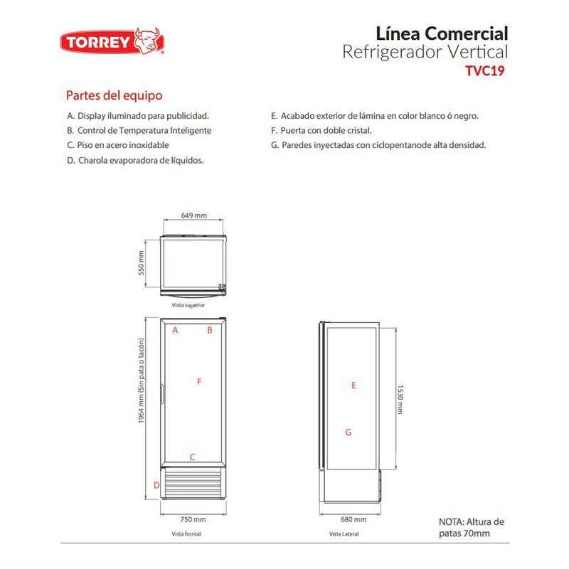 Refrigerador Comercial Vertical Torrey Tvc19 2° A 6°c Color Blanco