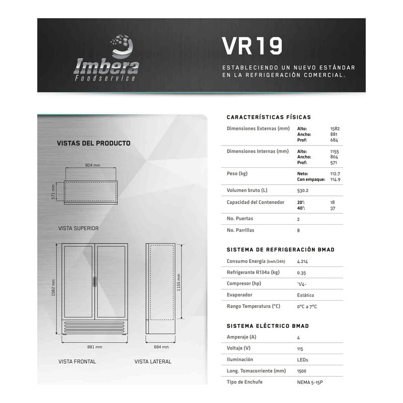 Refrigerador Comercial Imbera 2 Puertas Vr-19 Refresquero - Gris