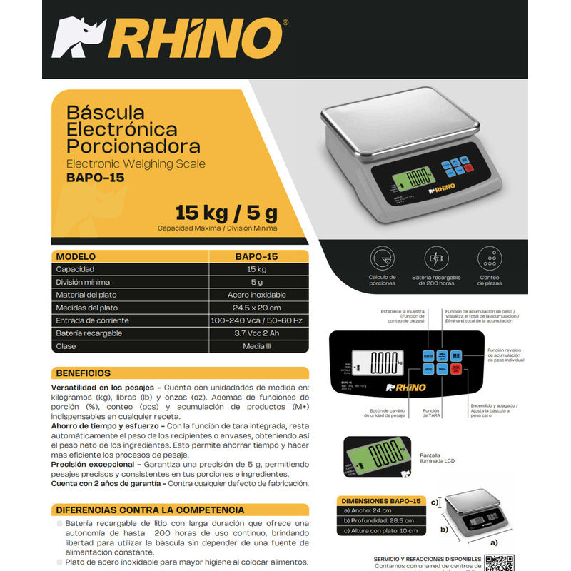 Báscula Electrónica Porcionadora Rhino 15kg/5g Bapo-15 5g Color Aluminio