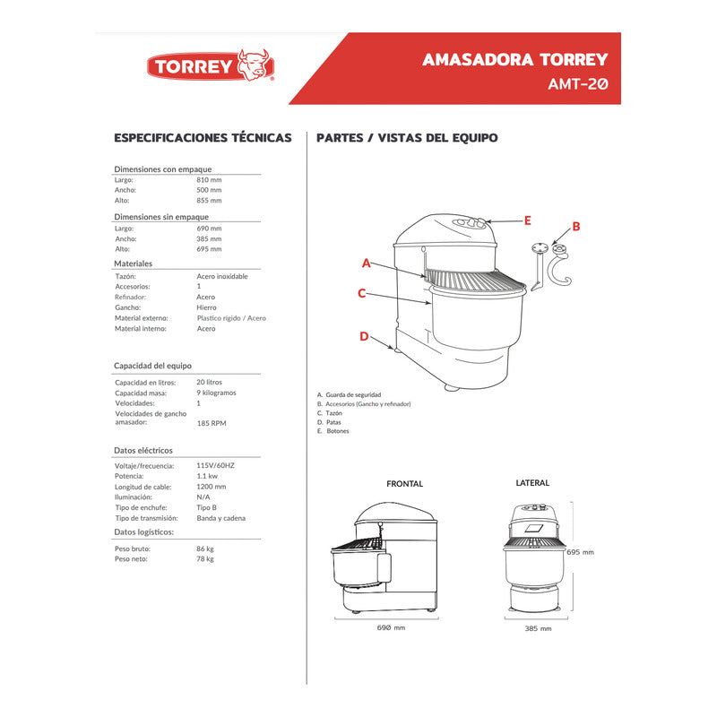 Amasadora Industrial Torrey Capacidad 20 Litros Amt-20