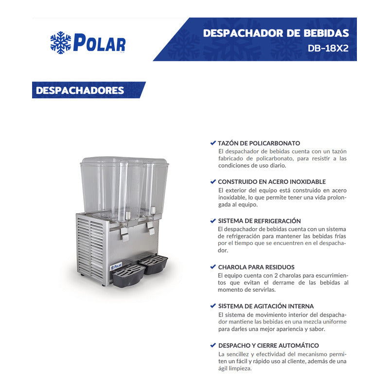 Despachador Enfriador De Bebidas Polar 2 Tazones 18 Litros