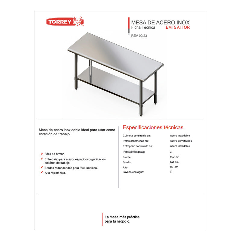 Mesa De Acero Inoxidable Torrey Emt5-ai  60 X 152 Cm Reyfri