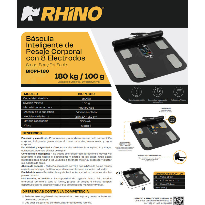 Bascula Digital Corporal 8 Electrodos Rhino 180kg Con App Negro