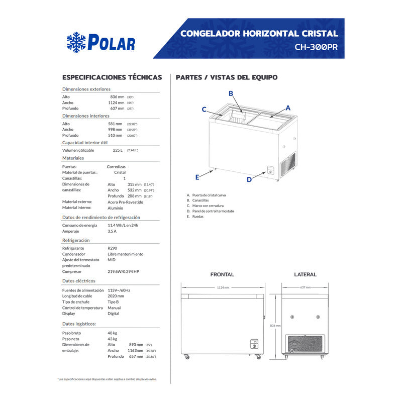 Congelador Cristal Recto Comercial Polar Ch-300pr 225 Litros Blanco
