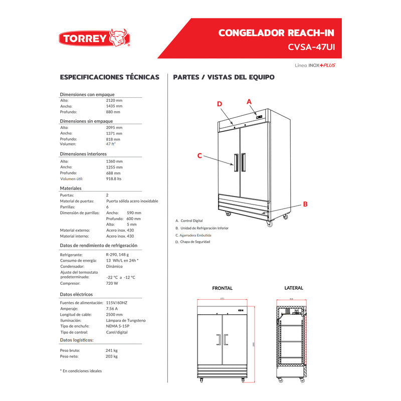 Congelador Comercial Torrey Cvsa-47 Acero Inox -22°c A -12°c