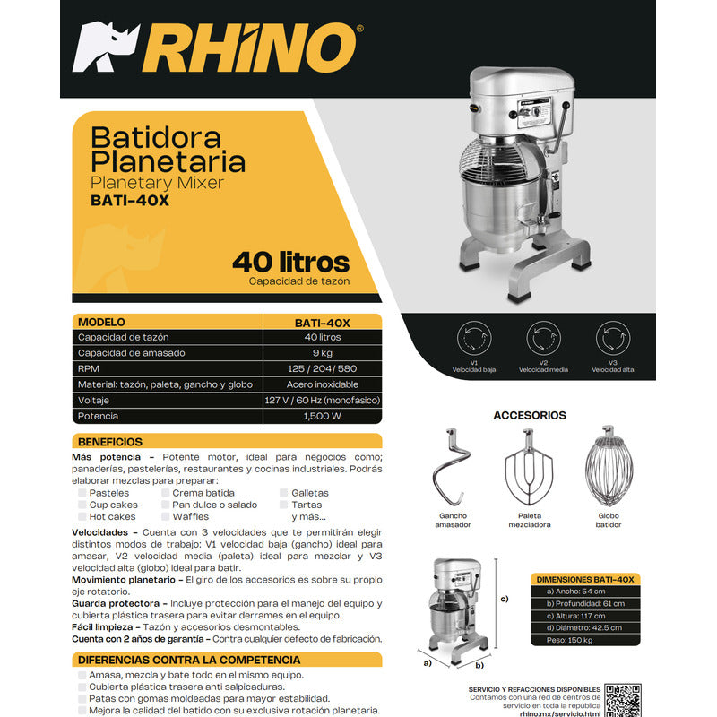 Batidora Planetaria Comercial Rhino Bati-40x Amasado 9kg Plateado