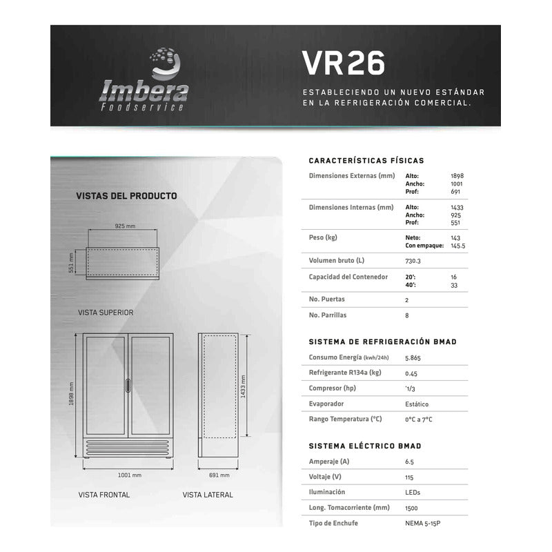 Refrigerador Comercial Vertical Imbera Vr26 2 Puertas Reyfri