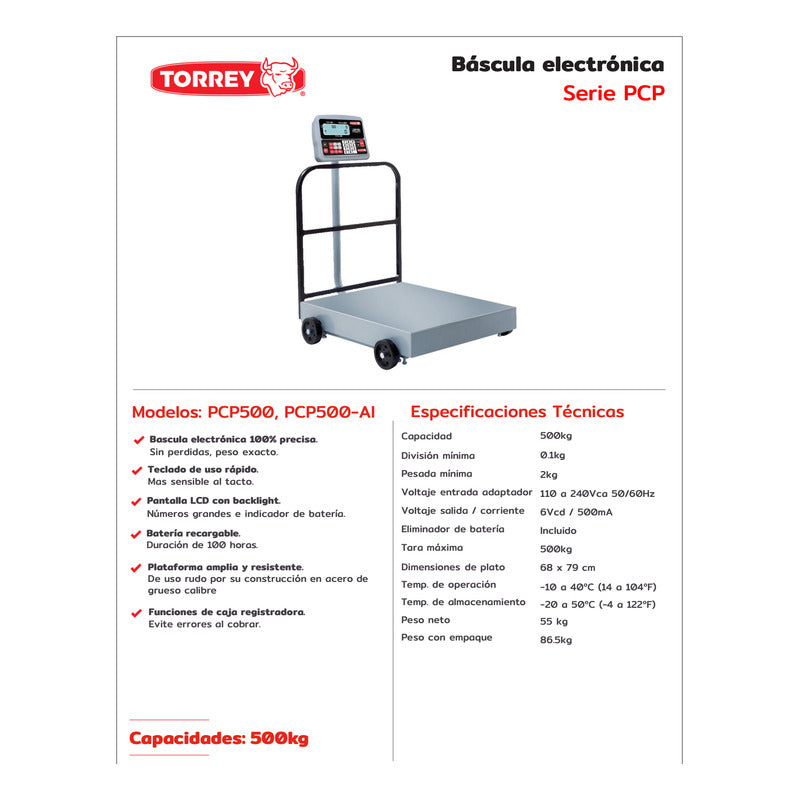 Báscula Comercial Digital Torrey Pcp-500 Kg 79 Cm X 68 Cm
