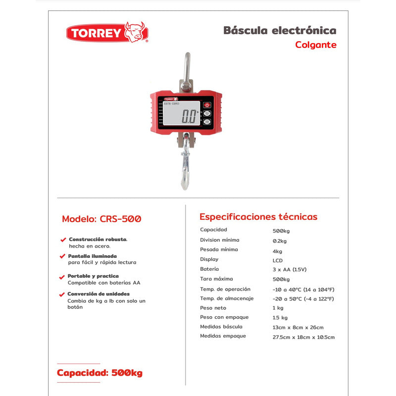 Báscula Industrial Digital Colgante Torrey Crs-500 Kg Reyfri