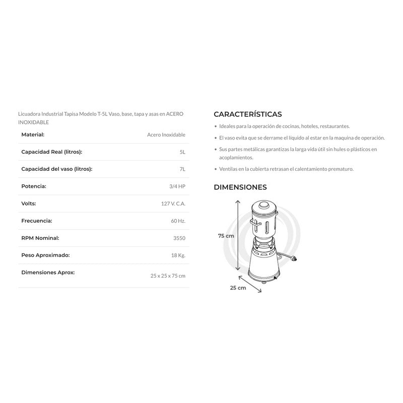 Licuadora Comercial Tapisa T5l Acero Inoxidable 3/4hp Reyfri Acero Inoxidable