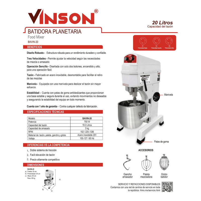 Batidora De Pedestal Planetaria Comercial Vinson Bavin-20 Lt Blanco 60 Hz