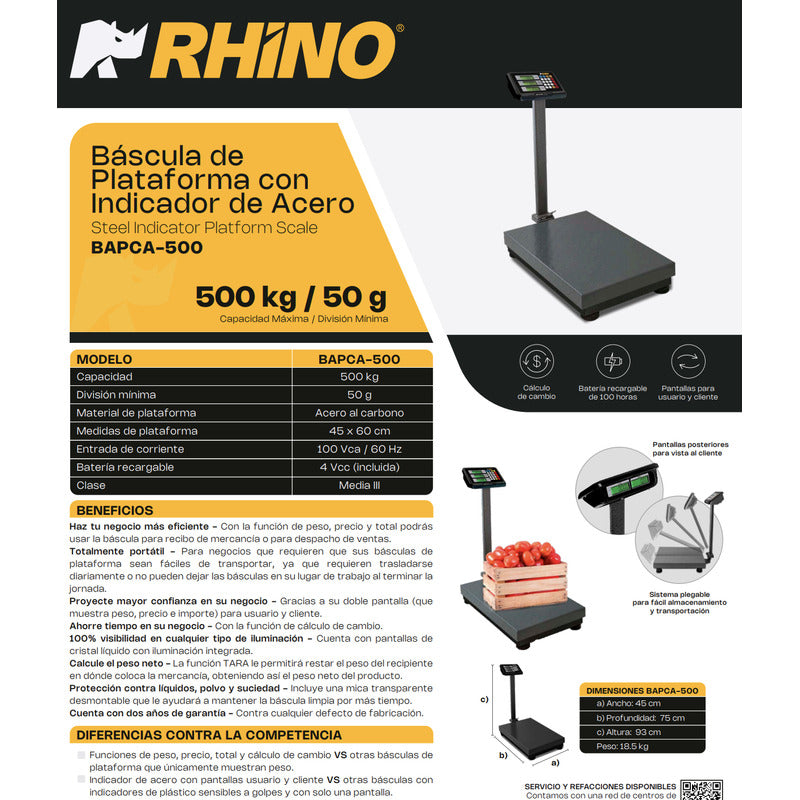 Báscula Comercial Digital Rhino Bapca 500kg Con Mástil  Gris Oscuro