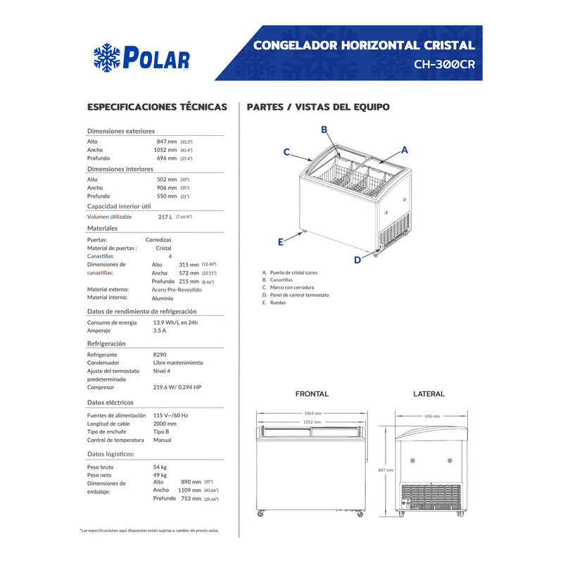 Congelador Cristal Comercial Polar Ch-300cr Capacidad 217 Lt Blanco