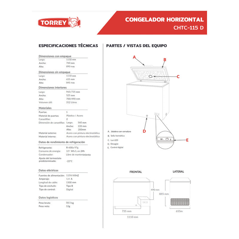 Congelador Horizontal Torrey Chtc-115  Blanco 11.3ft³ Reyfri