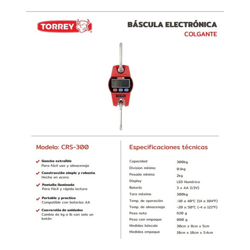 Bascula Electrónica Industrial Colgante Torrey 300kg Crs-300 Roja Gancho Extraíble Iluminación Led Pesa En Kg Y Libras