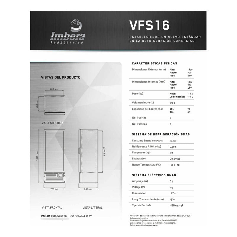 Congelador Comercial Vertical Imbera Vfs-16 Pies Reyfri Blanco