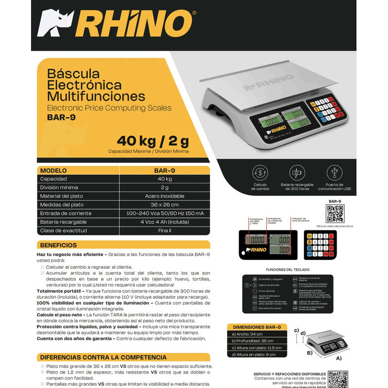 Báscula Comercial Digital Rhino Bar-9 40kg + Usb