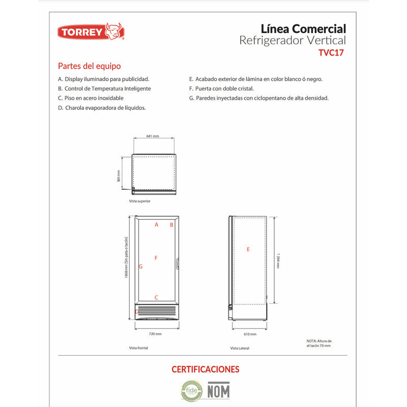 Refrigerador Comercial Torrey Tvc-17 Pies Blanco Reyfri