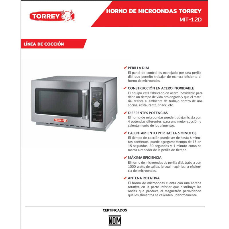 Microondas Torrey Mit-1.2d Acero Inoxidable 1.2 Ft³ 120v