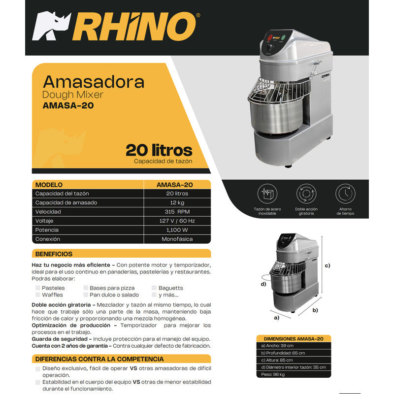 Amasadora Industrial Rhino 20 Lts. Tazón Acero Inoxidable