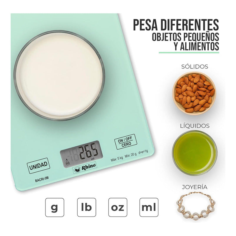 Bascula Digital Rhino De Cocina Bacri-5m 5kg Cristal Touch  Turquesa 5 Kg