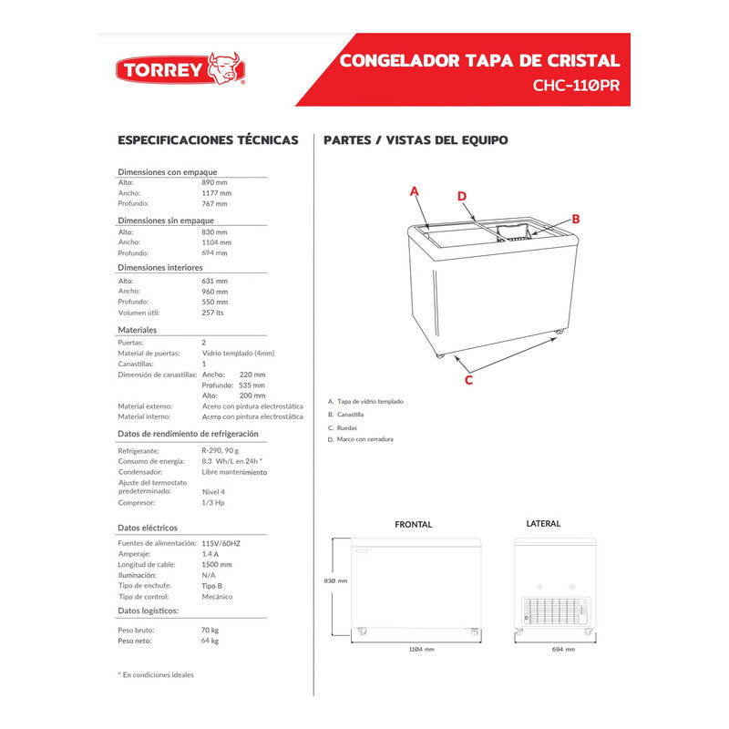 Congelador Horizontal Torrey Tapa De Cristal Plano Chc-110pr Blanco