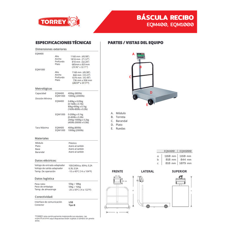 Báscula Digital De Plataforma Torrey Eqm-1000 Kg 73 X 95 Cm