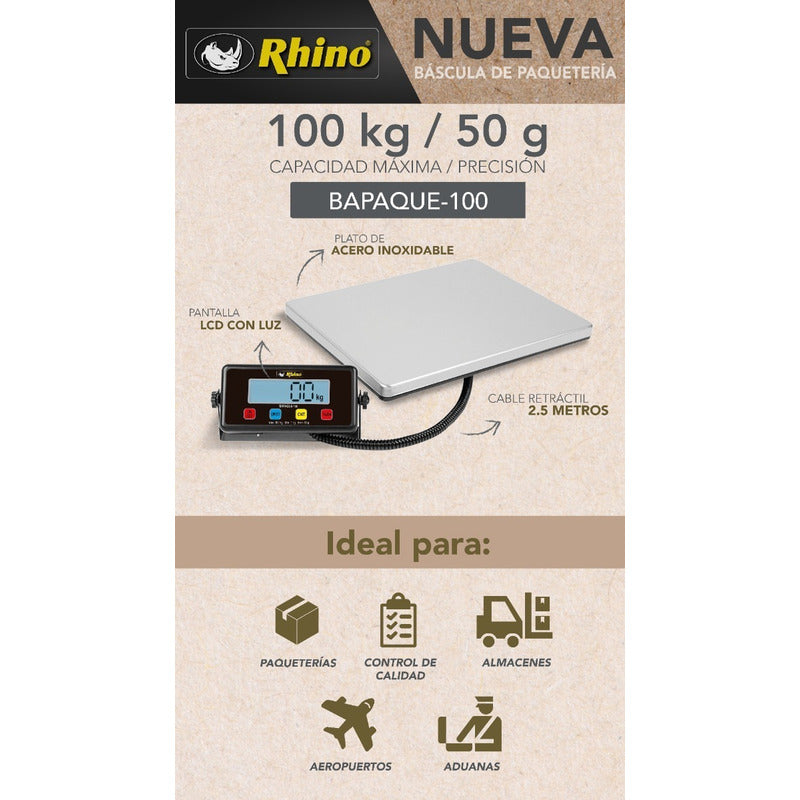 Bascula Digital Rhino Plataforma Paqueteria Bapaque-100 Kg Color Gris Peso Máximo Soportado 100 Kg Negro