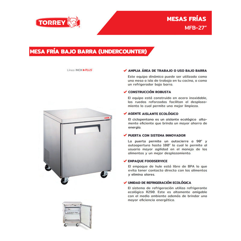 Mesa Refrigerada Bajo Barra Torrey Acero Inox Mfb-27 141 Lts