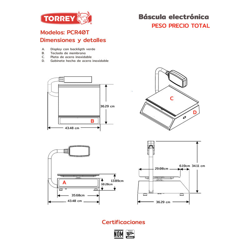 Báscula Pcr40t Torrey 40 Kg Digital Torreta Envío Gratis Rey