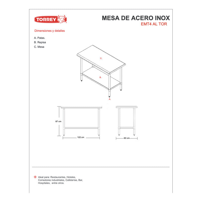 Mesa De Acero Inoxidable Torrey Emt4-ai 60 X 122 Cm Reyfri
