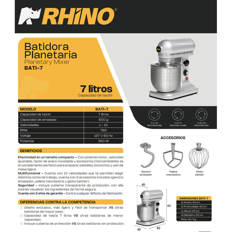 Batidora De Pedestal Industrial Rhino Bati-7 Plata  Plata 60 Hz