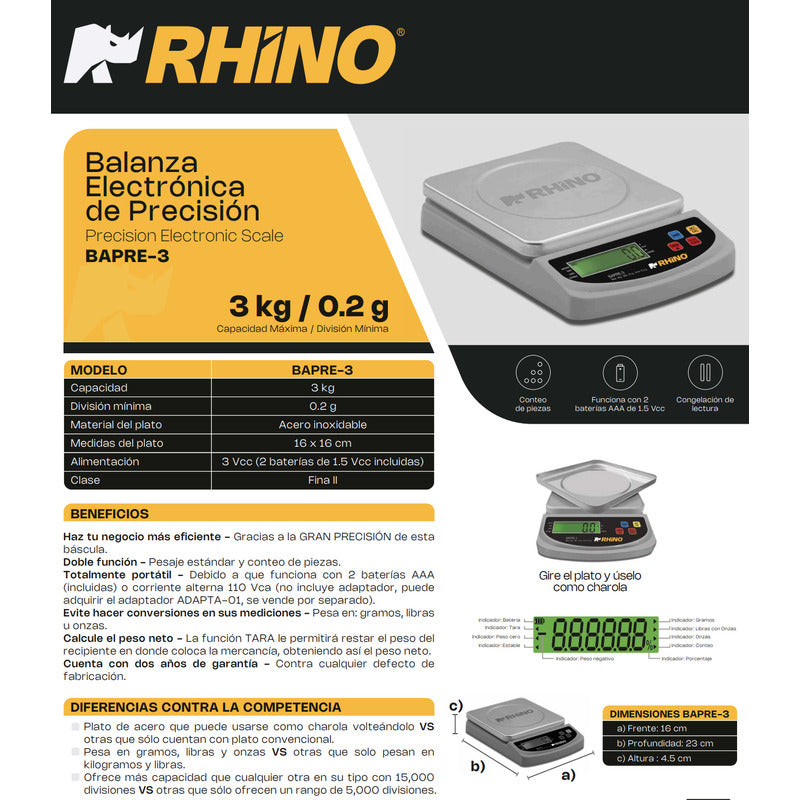 Bascula Gramera Precision Acero Inox Bapre-3 Kg Rhino Gris 3 Kg