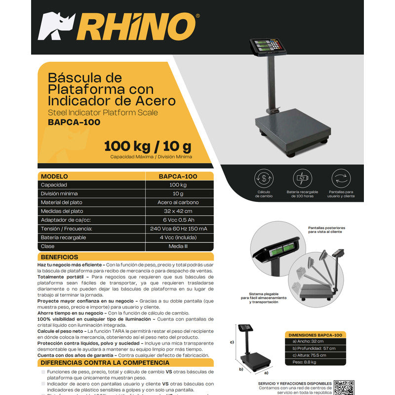 Báscula Comercial Digital Rhino Bapca 100kg 42 cm X 32 cm Gris