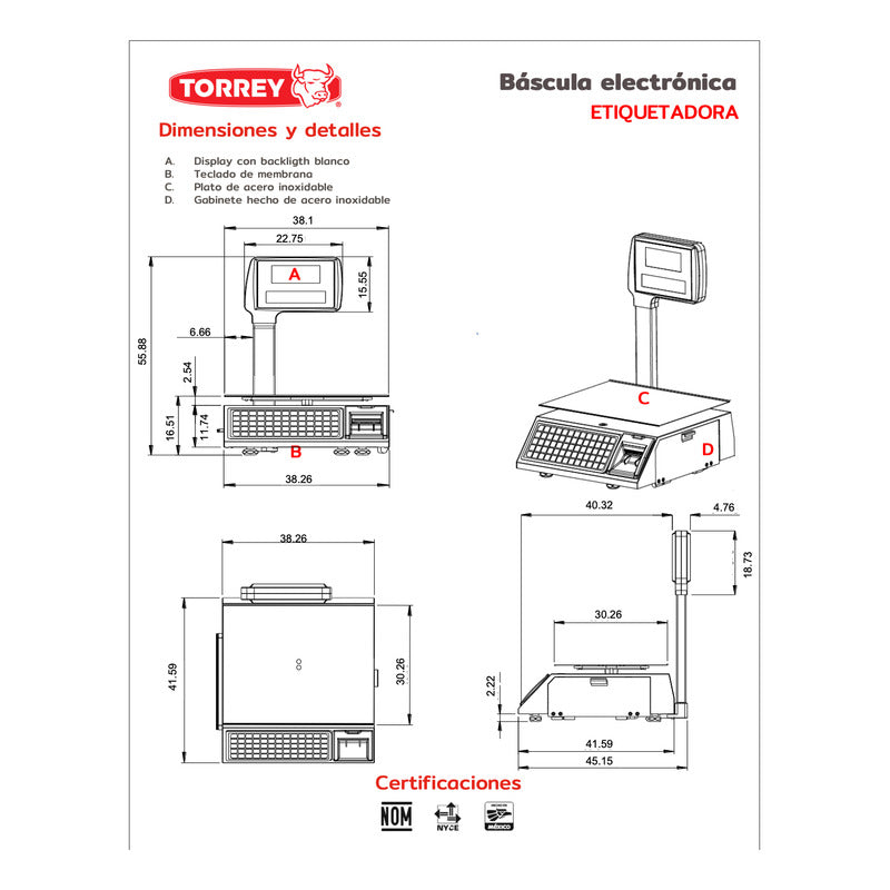 Báscula Etiquetadora Torrey W-label40 Kg A. Inox Conexión Pc