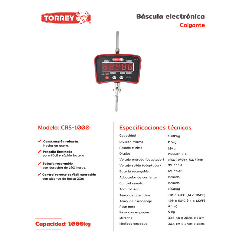 Báscula Industrial Digital Colgante Torrey Crs-1000 Kg