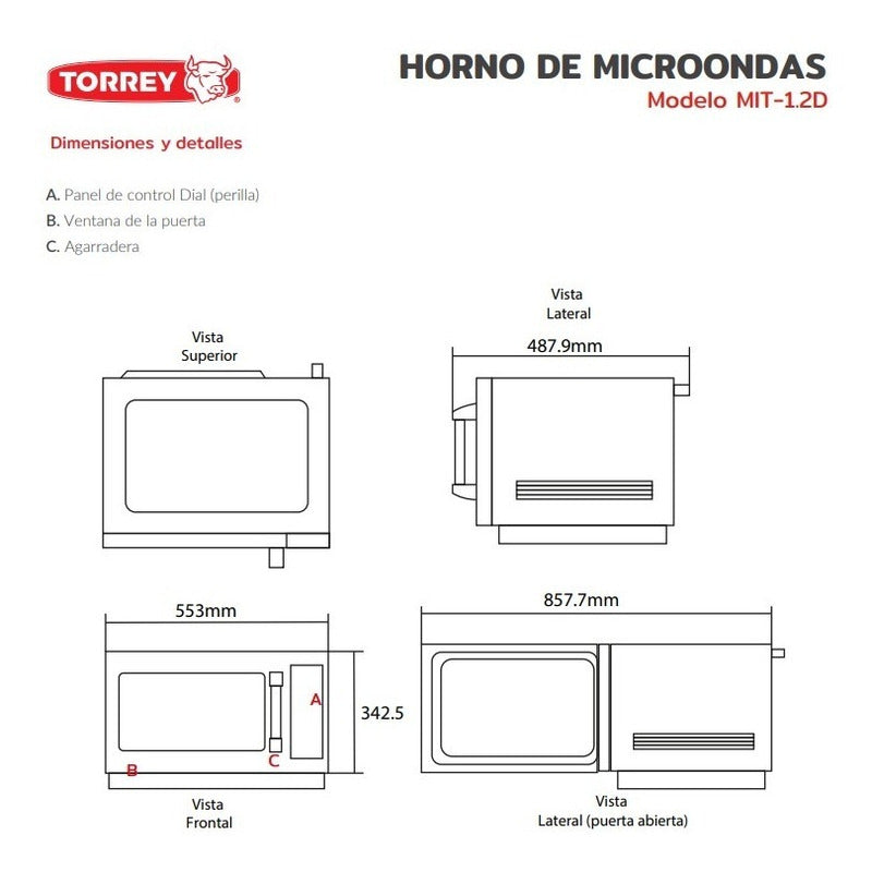 Horno Microondas Acero Inoxidable Torrey Mit-12d Perilla