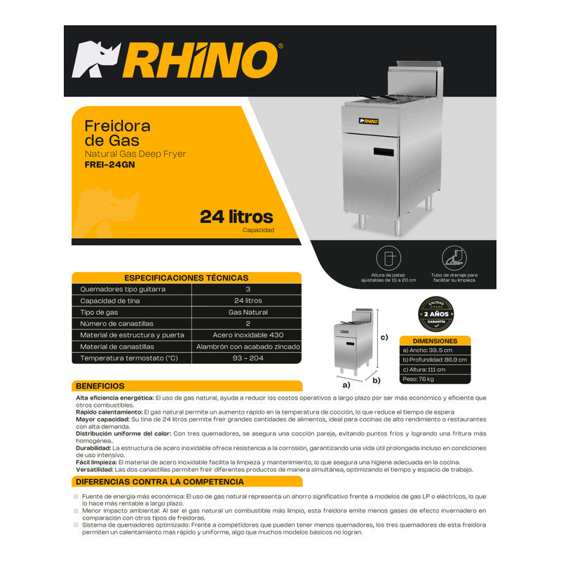 Freidora Industrial De Gas Natural Rhino® 24 Litros A. Inox Gris