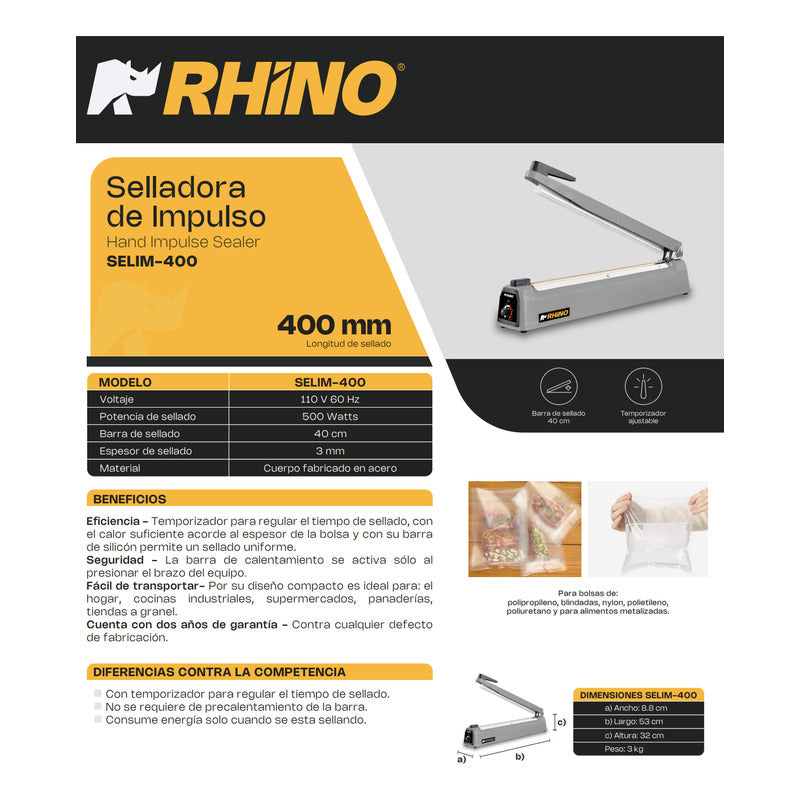 Selladora De Bolsa Eléctrica De Pulso Rhino Selim-400  Gris