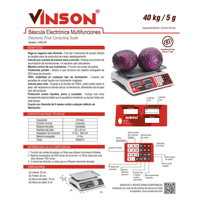 Báscula Comercial Digital Vinson Vins-40 40kg 33 cm X 24 cm