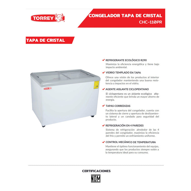 Congelador Horizontal Torrey Tapa De Cristal Plano Chc-110pr Blanco